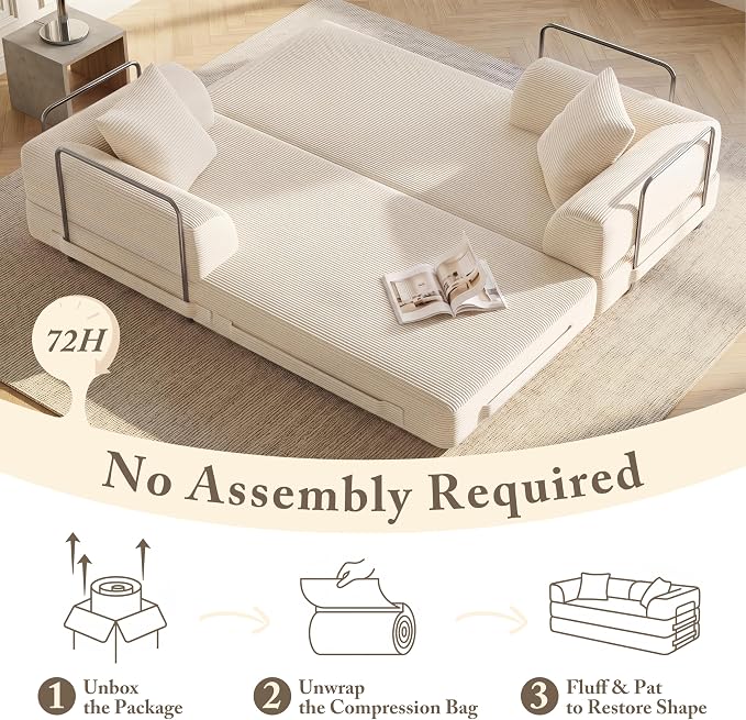 Cloud Boneless Convertible Floor Sofa Bed, 70" 5-in-1 Foldable Compressed Loveseat Lounge Sleeper 2 Seater Couches, High-Density Sponge & Corduroy Fabric Futon Daybed for Living Room Bedroom(Beige)