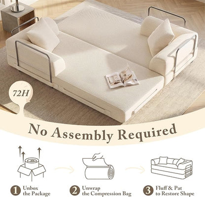 Cloud Boneless Convertible Floor Sofa Bed, 70" 5-in-1 Foldable Compressed Loveseat Lounge Sleeper 2 Seater Couches, High-Density Sponge & Corduroy Fabric Futon Daybed for Living Room Bedroom(Beige)
