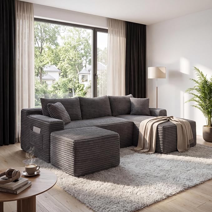 106-Inch Oversized U-Shaped Right Facing Corner Compressed Sofa Modular Boneless Cloud Sectional Sofa Floor Foam Couch W/Chaise & Ottoman, Corduroy Corner Boneless Cloud Couch