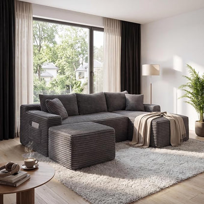 106-Inch Oversized U-Shaped Right Facing Corner Compressed Sofa Modular Boneless Cloud Sectional Sofa Floor Foam Couch W/Chaise & Ottoman, Corduroy Corner Boneless Cloud Couch
