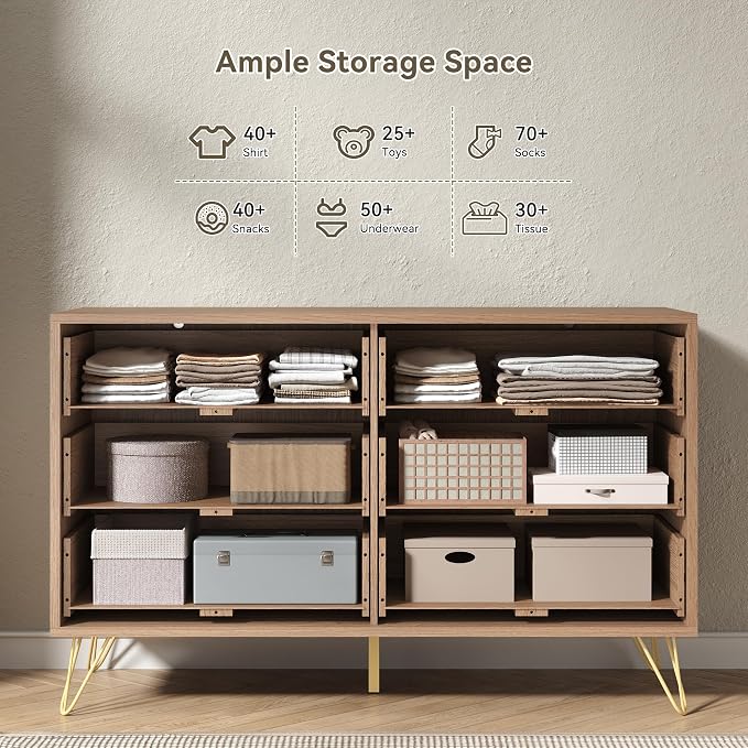 Fluted 6 Drawers Dresser for Bedroom, Wood Dressers with Scratch-Proof Golden Handles, Natural Curved Profile, Modern Double Chest for Living Room, Hallway, Entryway, Natural Oak