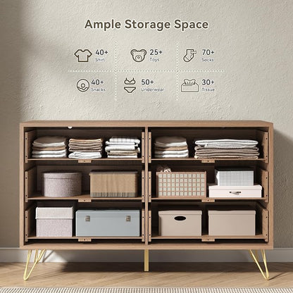 Fluted 6 Drawers Dresser for Bedroom, Wood Dressers with Scratch-Proof Golden Handles, Natural Curved Profile, Modern Double Chest for Living Room, Hallway, Entryway, Natural Oak