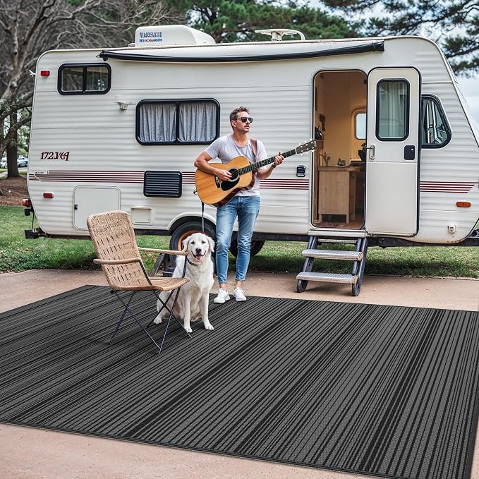 GENIMO Outdoor Rug for Patio Clearance, 5'x8' Reversible Plastic Straw Rugs, Lightweight Waterproof RV Camping Mat for Camper, Balcony, Deck, Backyard, Picnic, BlackGray