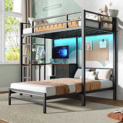 Bellemave Twin Over Twin bunk Bed with Desk and LED Charging Station, loft Bed with Desk and Shelves 3 Storage Drawers, Twin Metal Bunk Beds with Storage, Black