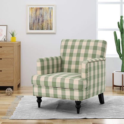 Christopher Knight Home Eve Modern Upholstered Club Chair, Wooden Living Room Accent Chair, Comfy Bedroom Reading Chair, Multifunctional Armchair, Green Checkerboard