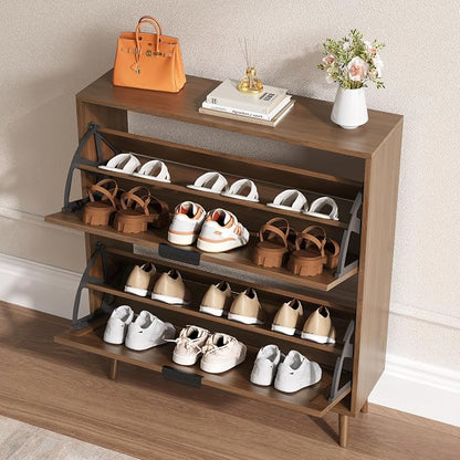 BORNOON Shoe Cabinet for Entryway with 2 Flip Drawers, Slim Wooden Shoe Storage Organizer with Modern Fluted Pannel，Freestanding Narrow Hidden Shoe Rack for Hallway, Foyer, Living Room