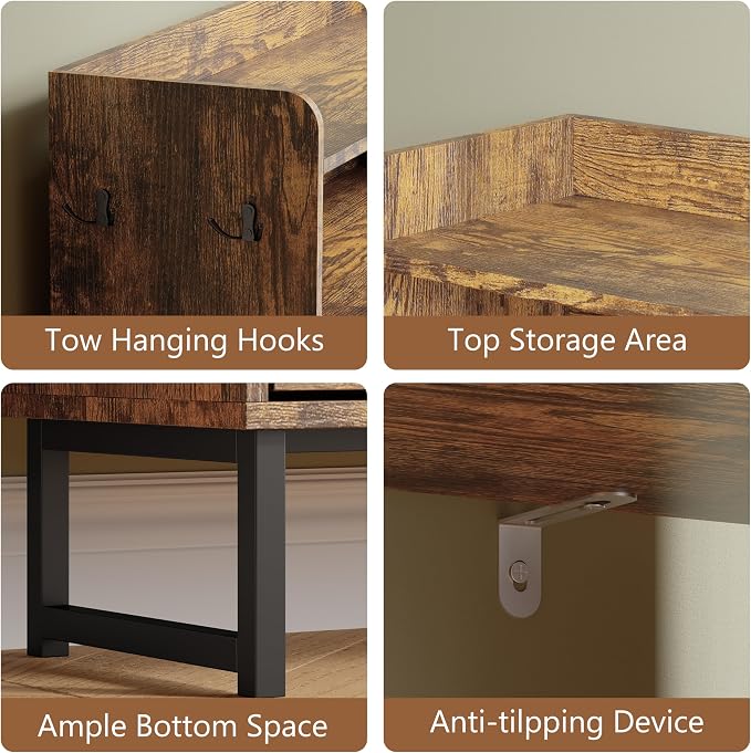 Shoe Cabinet with 3 Flip Drawers, Freestanding Hidden Shoe Storage Organizer for Entryway, Narrow Slim Shoe Rack Cabinet with Open Storage & Hooks for Front Door Entrance, Living Room, Hallway, Brown