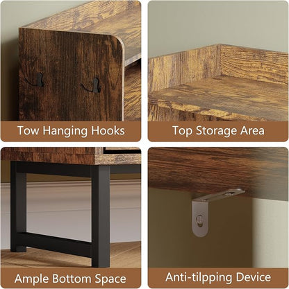 Shoe Cabinet with 2 Flip Drawers, Freestanding Hidden Shoe Storage Organizer for Entryway, Narrow Slim Shoe Rack Cabinet with Open Storage & Hooks for Front Door Entrance, Living Room, Hallway, Brown