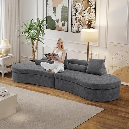 126" Curved Modular Sectional Sofa, Chenille Upholstered Cloud 4 Seater Couch for Living Room, No Assembly Modern Love Seat Sofa with 2 Bolster Pillows & 2 Square Pillows, High-Density Foam, Gray
