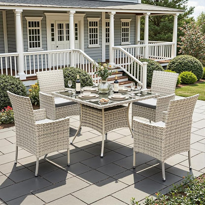 5-Piece Patio Dining Set, Patio Furniture Set with Square Tempered Glass Table & 4 Wicker Chairs, Expandable Design for Larger Groups, Outdoor Furniture for Backyard, Deck, Garden, Dark Grey