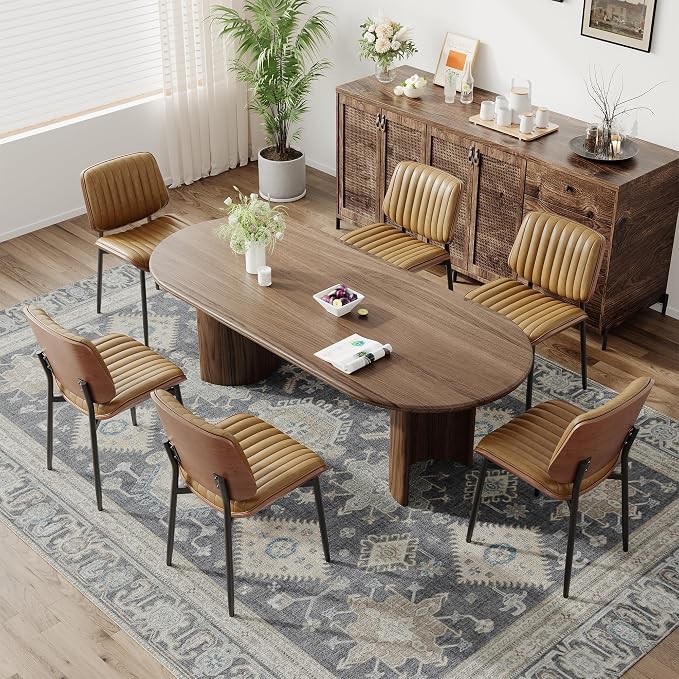 MALOL Leather Dining Chairs Set of 6, Modern Upholstered Dining Room Kitchen Chairs with Metal Legs and Wooden Back Support for Home Dining Room/Restaurant, Light Brown