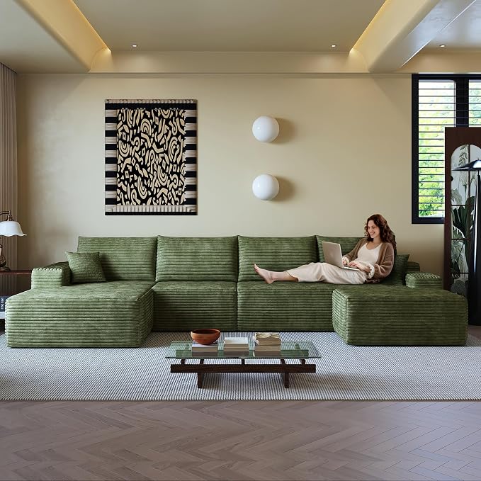 AUGOP 136" Sectional Couches for Living Room Modern Modular Sofa with L-Shape Couchs Upholstered Boneless Couch Deep Seat Sectional Couch with Chaise (Green, Left Facing Chaise+3Seaters+Ottoman)