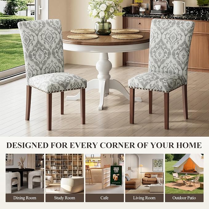 COLAMY Upholstered Parsons Dining Chairs Set of 4, Fabric Dining Room Kitchen Side Chair with Nailhead Trim and Wood Legs - Grey/White Flower
