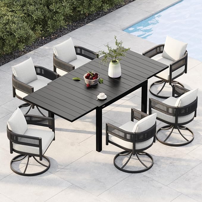 Grand patio 7-Piece Outdoor Dining Set for 6 with 1 Rectangle Expandable Table for 4-6 Person, Metal Woven Wicker Swivel Patio Chairs with Thickened Cushions for Yard, Poolside, Deck (Black)