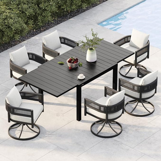 Grand patio 7-Piece Outdoor Dining Set for 6 with 1 Rectangle Expandable Table for 4-6 Person, Metal Woven Wicker Swivel Patio Chairs with Thickened Cushions for Yard, Poolside, Deck (Black)