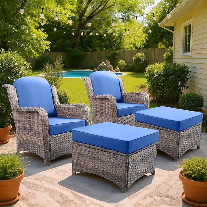4 Piece Outdoor Wicker Patio Furniture Set, Patio Chairs Set with Thickened Cushions, High Back and Deep Seating, Hand-Woven Rattan, Ottoman for Porch, Deck, Blue