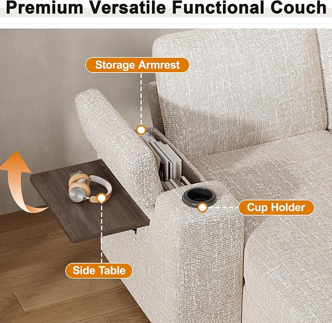 Vipbear Premium 86" Modular Sectional Sleeper Sofa, 3 Seat Chenille Sofa with Pull Out Bed, L Shaped Couch with Storage Chaise & Armrests|USB Ports|Cup Holders|Side Table, White