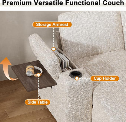 Vipbear Premium 86" Modular Sectional Sleeper Sofa, 3 Seat Chenille Sofa with Pull Out Bed, L Shaped Couch with Storage Chaise & Armrests|USB Ports|Cup Holders|Side Table, White