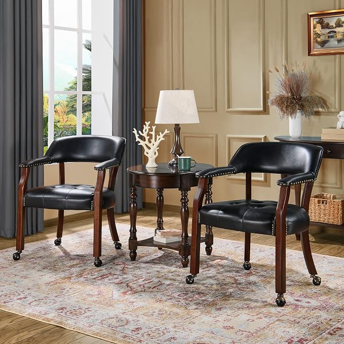 LEEMTORIG Set of 2 Large Dining Chairs with Casters and Arms, Rolling Dining Chairs with Wheels, Accent Game Table Chairs, 26" D x 25.2" W x 31.5" H, Cherry Legs & Black SY-1533-BK