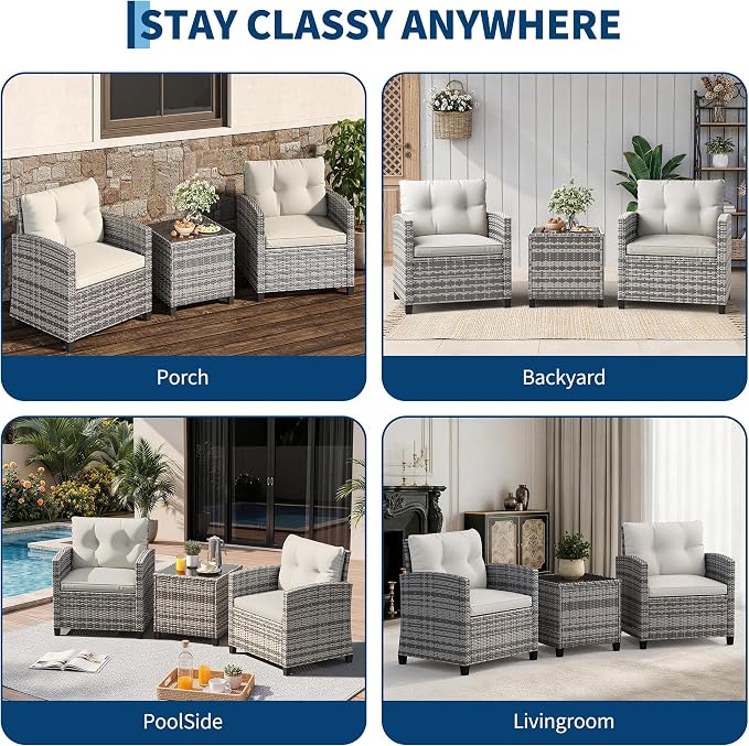GarveeLife 3 Pieces Patio Furniture Set, PE Rattan Patio Conversation Set with Tempered Glass Tabletop, Outdoor Wicker Chairs and Table Set for Patio Balcony Garden, Grey and Beige