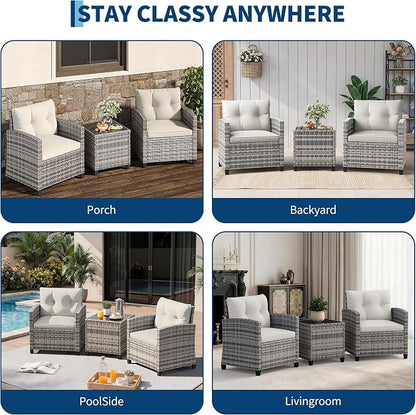 GarveeLife 3 Pieces Patio Furniture Set, PE Rattan Patio Conversation Set with Tempered Glass Tabletop, Outdoor Wicker Chairs and Table Set for Patio Balcony Garden, Grey and Beige