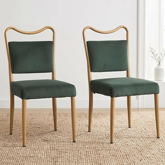 Velvet Dining Chairs Set of 2, Upholstered Dining Chairs with Wood Grained Metal Frame, Mid Century Modern Velvet Chairs for Dining Room, Kitchen and Restaurant,Velvet Green