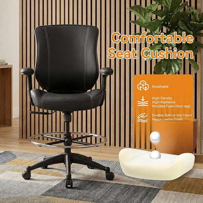 BOLISS 400lbs Mid Back Premium Leather Ergonomic Drafting Chair Office for Adjustable Desk Wide Chair Built-in Lumbar Support Adjustable Foot Ring Height Adjustable Armrest (Black Leather)