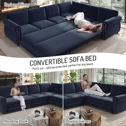 118" L-Shaped Sleeper Couch Bed - Oversize Convertible with Pull-Out Sofa Bed, Button Tufted Chesterfield Sofa, Chenille Sectional Vintage Couches for Living Room/Apartment(6-Seater, Blue) | Oversize Convertible