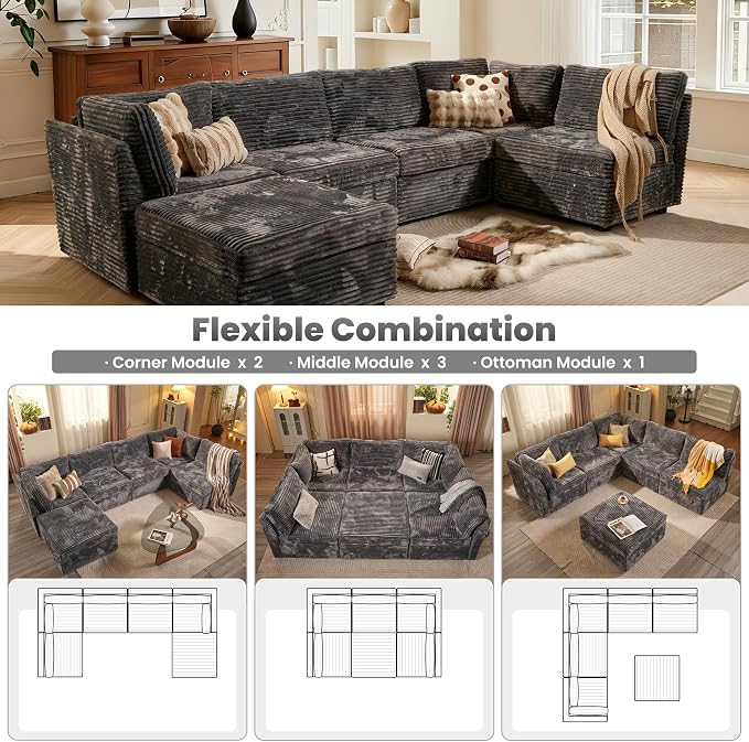 ovios Modular Sectional Sofa Couch with Sofa Bed L-Shape Chaise, Comfy Plush Corduroy Cloud Couches, Modern Luxury Deep Seat Sofas Set for Living Room, 6-Seater, Grey