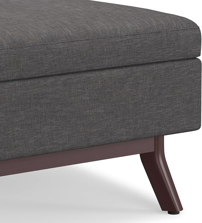 SIMPLIHOME Owen Coffee Table Storage Ottoman - 34" Wide x 19" High Upholstered Linen Look Fabric Rectangular Lift-Top Ottoman in Slate Grey, Mid-Century Modern Bench for Living Room with Tapered Legs
