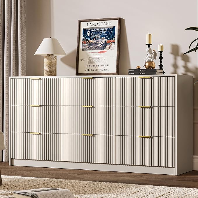 MAISONARIA 3-Piece Dresser Bedroom Set, 9 Drawer Dresser & 2 Drawer Nightstands with Gold Handles, Fluted Wood Chest of Drawers for Bedroom, Living Room, Entryway, Beige
