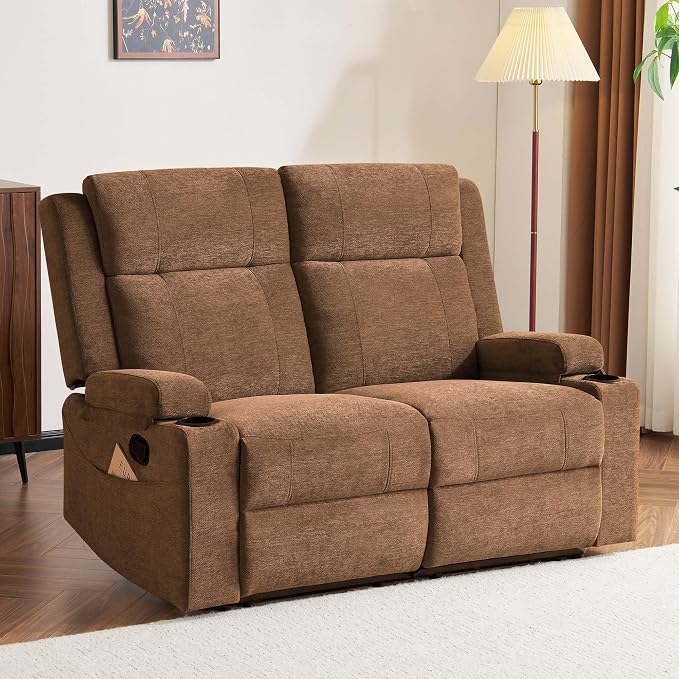 GUEAPY 55" Loveseat Reclining Sofa with Cup Holders – Manual Double Reclining Sofa for Aprtment & Small Spaces, Chenille Fabric Reclinig Couch with Wide Armrests & Side Storage for Livingroom Brown