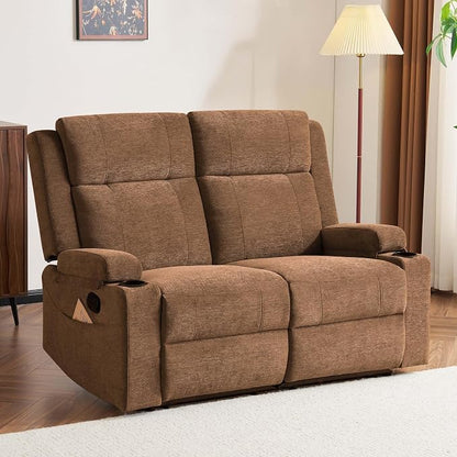 GUEAPY 55" Loveseat Reclining Sofa with Cup Holders – Manual Double Reclining Sofa for Aprtment & Small Spaces, Chenille Fabric Reclinig Couch with Wide Armrests & Side Storage for Livingroom Brown