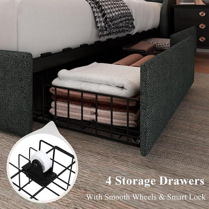 Feonase Queen Bed Frame with 4 Storage Drawers, Upholstered Storage Bed with Charging Station, Tufted Wingback Headboard, No Box Spring Needed, Dark Grey