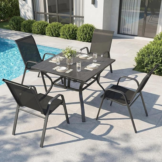 Outdoor Dining Set for 4,5pcs Patio Table and Chairs Set with Adjustable Umbrella Hole,37.8”x37.8” Square Metal Outdoor Table and Stackable Patio Chair for Yard, Garden, Porch