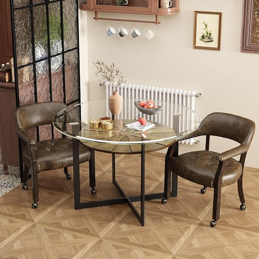 LEEMTORIG Set of 2 Large Dining Chairs with Casters and Arms, Rolling Dining Chairs with Wheels, Wood Boss Caption's Chair, 26" D x 25.2" W x 31.5" H, Espresso Legs & Choalate PU, XXY-1910-BN