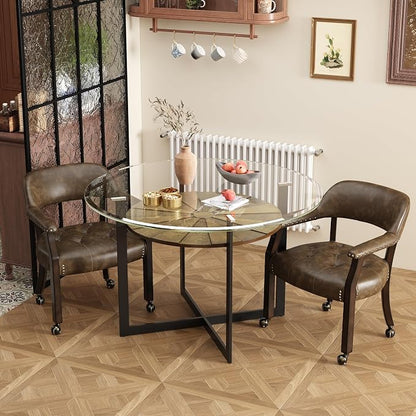 LEEMTORIG Large Dining Chairs with Casters and Arms, Rolling Dining Chairs with Wheels, Game Poker Table Chairs, Boss Caption's Chairs, 26"D x 25.2"W x 31.5"H, Espresso Legs & Choalate PU, XXY-1910-BN