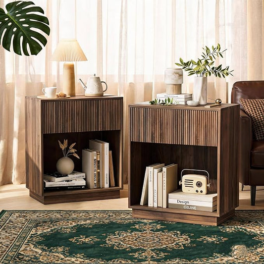 Fluted Nightstands Set of 2, Modern Bedside Table with Drawer and Storage Shelf, Wood End Table Mid Century Night Stands for Bedroom Living Room Sofa Couch Office (Walnut)
