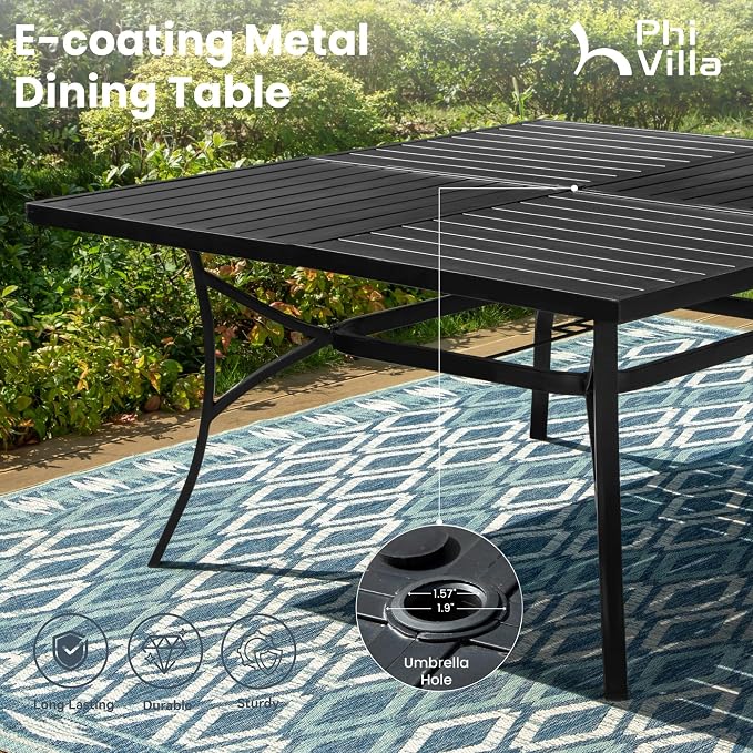 PHI VILLA Outdoor Dining Set for 8, Swivel Mesh Chairs & Square Table,Brown | Textilene chairs and large 57.5'' metal table with umbrella hole. All-weather patio furniture set designed for patio, deck