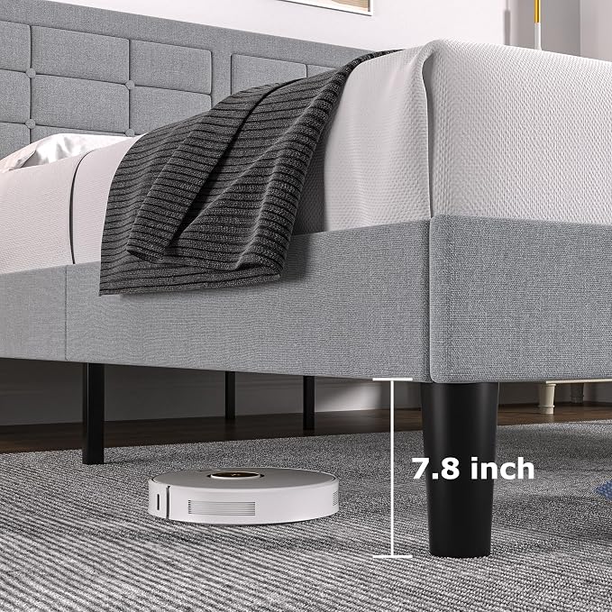 VECELO Queen Size Bed Frame, Adjustable Upholstered Button Tufted Headboard, Heavy-Duty Bedframe with Wood Slats Support, No Box Spring Needed, Linen & Light Grey