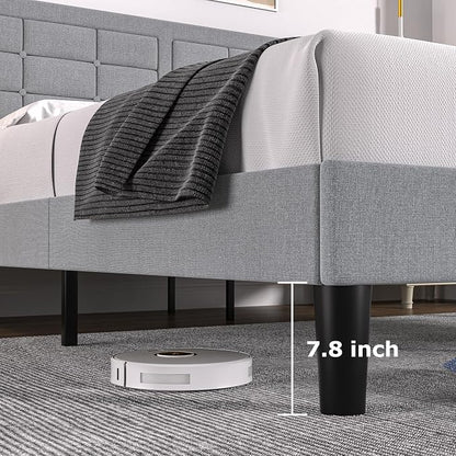 VECELO Queen Size Bed Frame, Adjustable Upholstered Button Tufted Headboard, Heavy-Duty Bedframe with Wood Slats Support, No Box Spring Needed, Linen & Light Grey