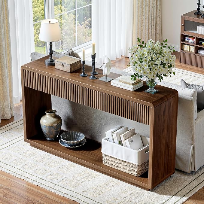 Evermagin 59'' Walnut Entryway Table with Drawers, Fluted Console Table, Mid Century Modern Sofa Table with Storage for Living Room, Entrance, Hallway