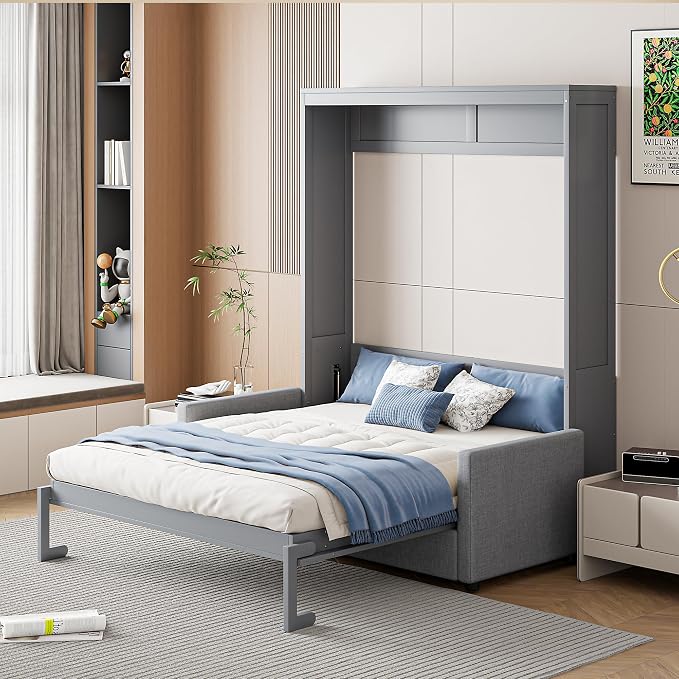Ball & Cast Murphy Bed Full Size Wall Bed with Sofa,can be Folded,Multifunctional Wood Hideaway Cabinet Bed Frame,Slat Support,Save Space,for Apartment,Guest Room,Gray
