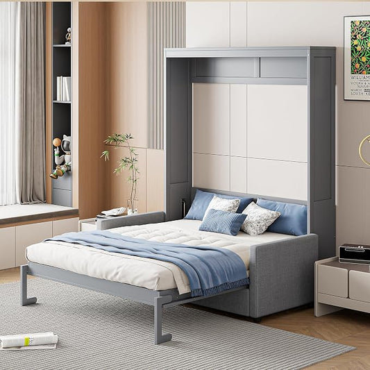 Ball & Cast Murphy Bed Full Size Wall Bed with Sofa,can be Folded,Multifunctional Wood Hideaway Cabinet Bed Frame,Slat Support,Save Space,for Apartment,Guest Room,Gray