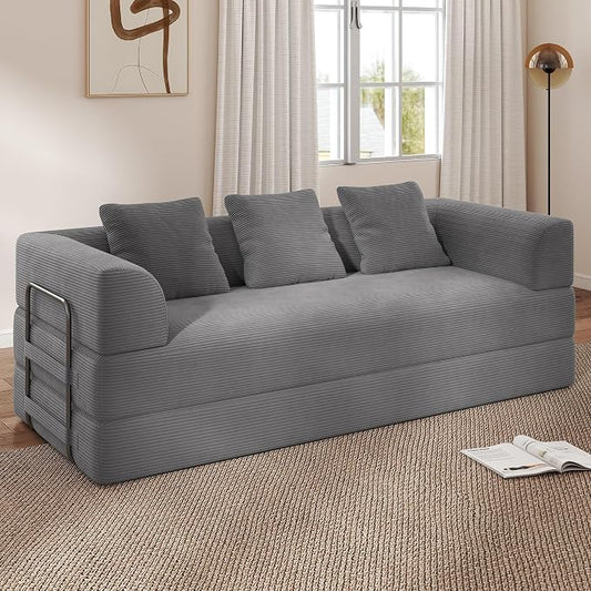 89" Cloud Boneless Convertible Sofa Bed, 5-in-1 Foldable Compressed High-Density Sponge Sofa, Corduroy Fabric 3 Seater Sleeper Couch Futon Daybed for Living Room Bedroom (Medium Gray)