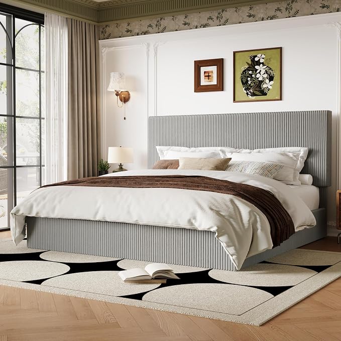 Allewie King Bed Frame, Upholstered Platform Bed, Adjustable Vertical Channel Tufted Headboard, Corduroy Fabric, Modern Low Profile, Wooden Slats, No Box Spring Needed, Easy Assembly, Light Grey