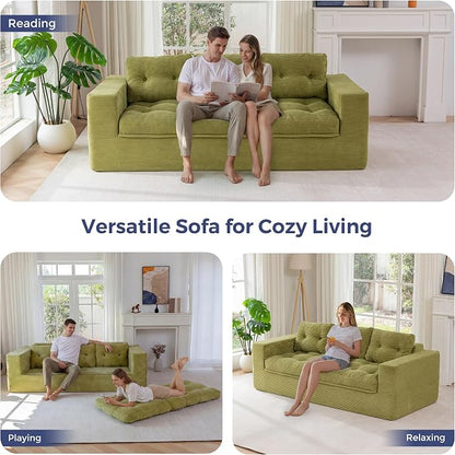 MAXYOYO 79" Loveseat Sofa Couch for Small Spaces, Upholstered Boneless Cloud Couch for Apartment Bedroom, 3-Seater Love Seat Floor Modern Sofa with Pillows, No Assembly Required, Green
