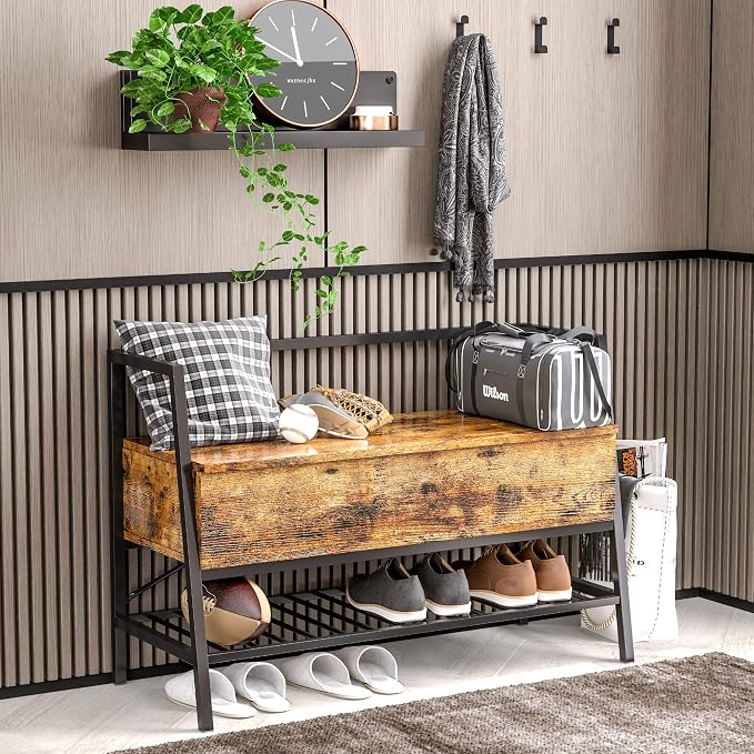IRONCK Storage Bench, Industrial Shoe Rack Bench with Storage Box, Holds Up to 240 LB Shoe Organizer for Entryway, Bedroom, Closet & Hallway, Entryway Bathroom