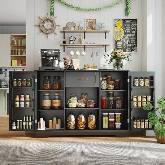Gizoon 45" Coffee Bar Cabinet with Door and Shelves Kitchen Hutch with Countertop, Kitchen Buffer Cabinet with Storage for Bedroom and Living Room, Black