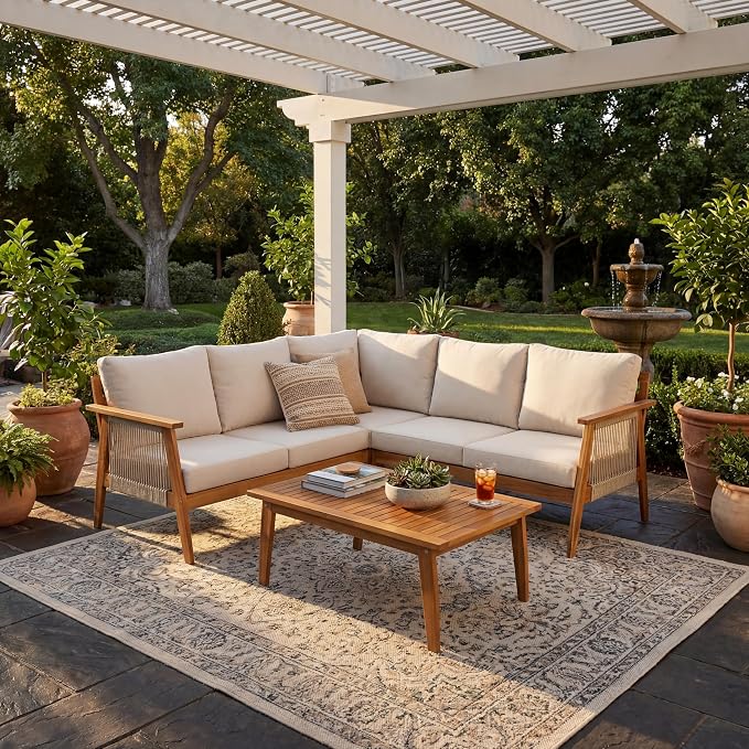 Merax Outdoor 4-Piece Acacia Wood & Rope Sectional Patio Corner Set, L-Shaped Sofa with Coffee Table, Handmade Woven Garden Furniture for Poolside & Deck